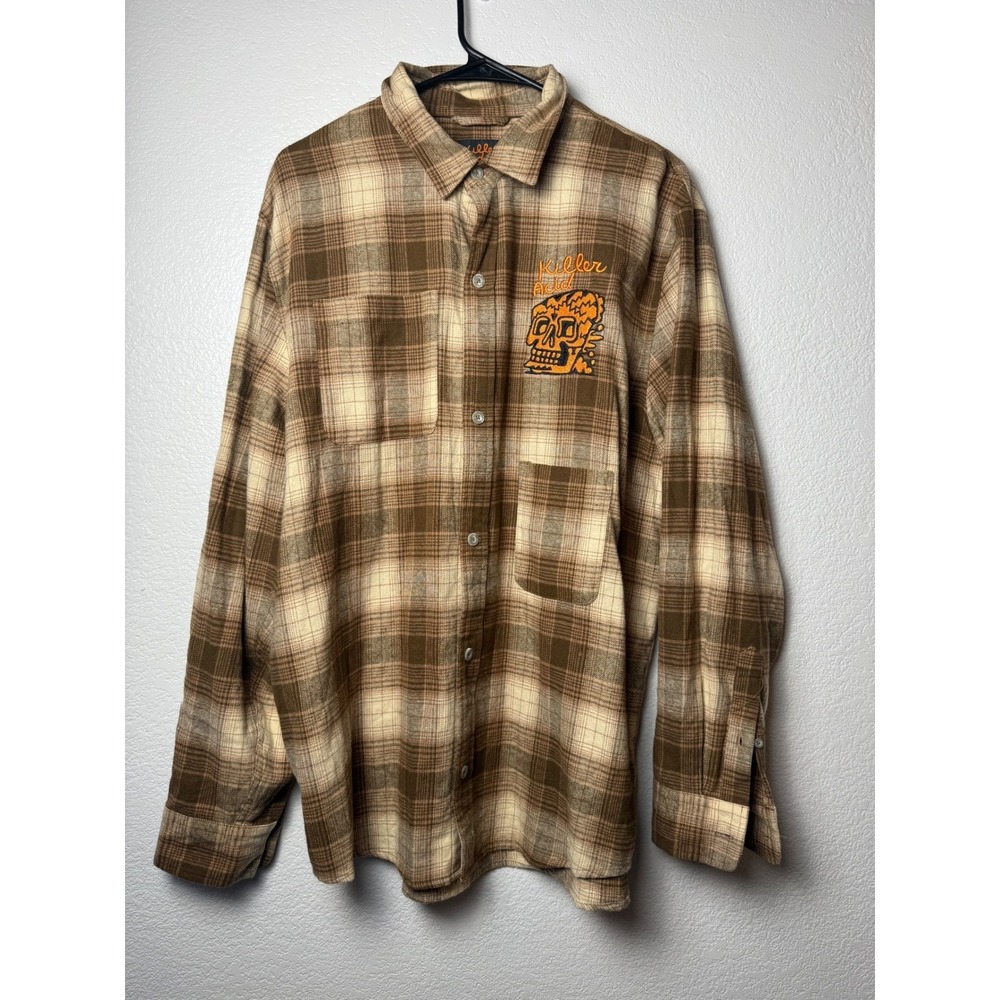 Killer Acid Mens Medium Brown Plaid Flannel Shirt Skull Graphic Psychedelic Art